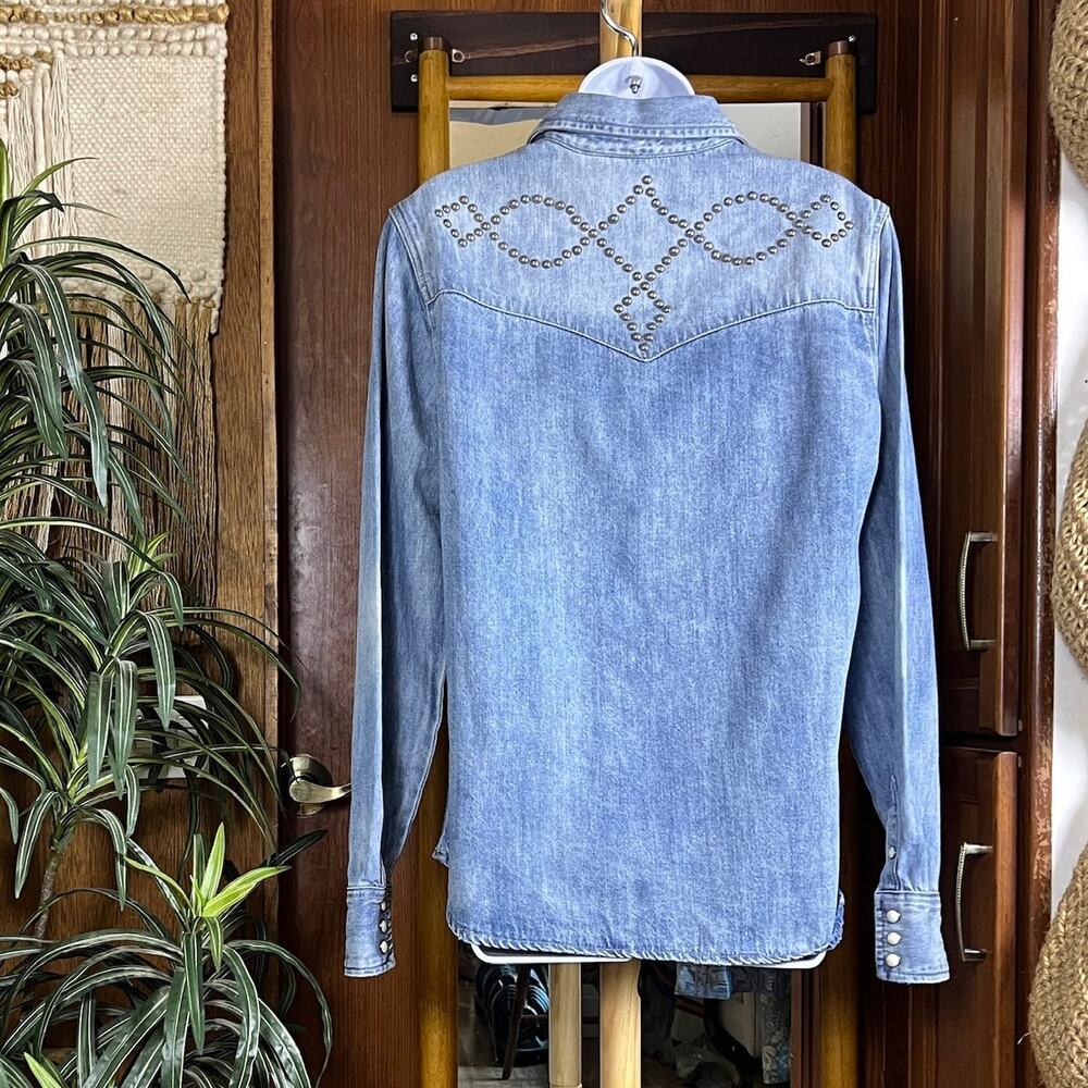 Stetson Pearl Snap Denim Shirt Womens L Studded Yoke Western Light Wash Cotton